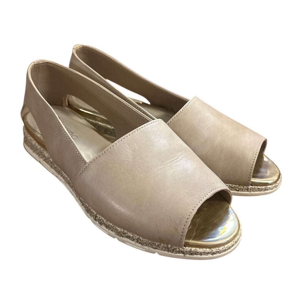 Women 39 8.5 Saydo Sandals Flats Shoes Camel Brown Leather Peep Toe Slide On